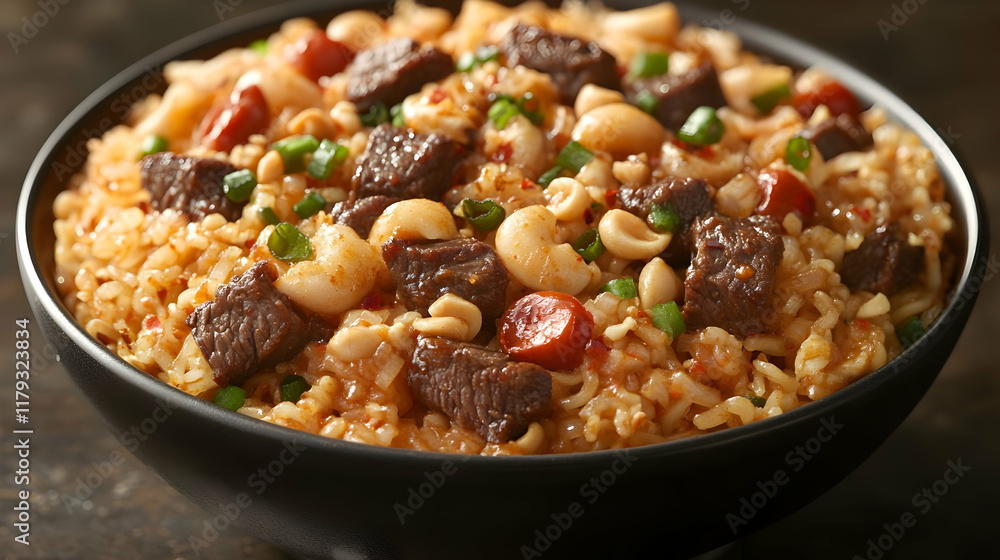 Spicy beef and noodle bowl with peanuts and scallions. Spicy beef and noodle bowl with peanuts and scallions.