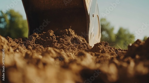 Close-up view of an excavator at a construction site, backhoe digging soil for earthwork. Heavy machinery in action, performing excavation and earthmoving tasks for construction business development photo