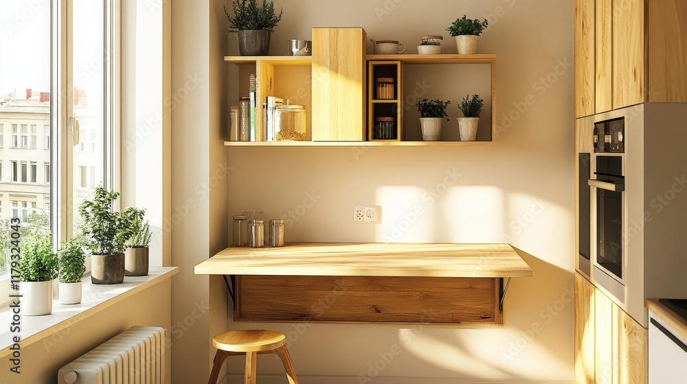 Fototapeta premium cleverly designed foldable dining table that transforms into a wall-mounted shelf in a small apartment