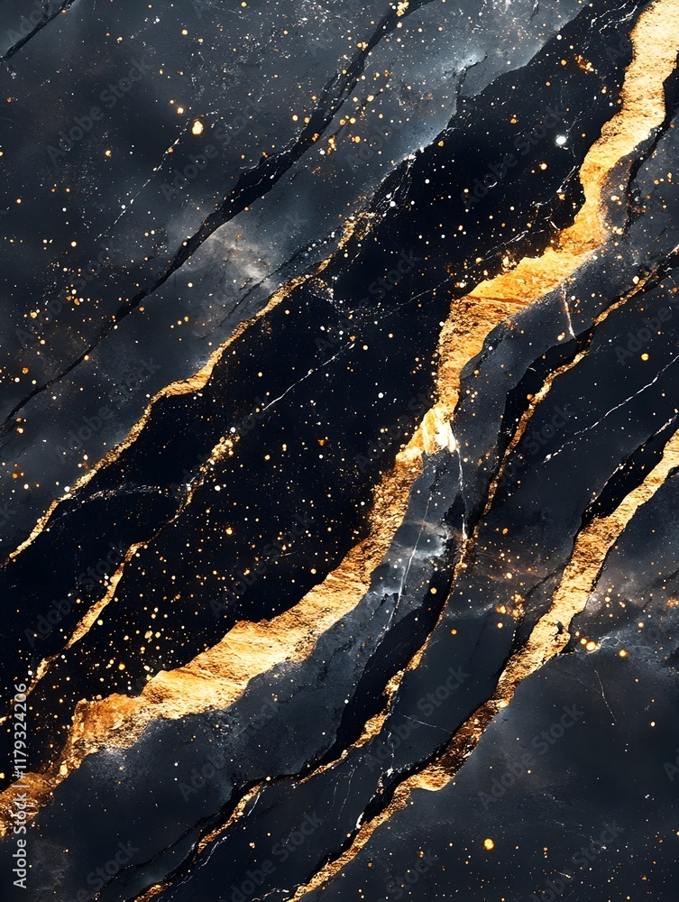 A close-up of polished granite in black with specks of gold and silver. A close-up of polished granite in black with specks of gold and silver.