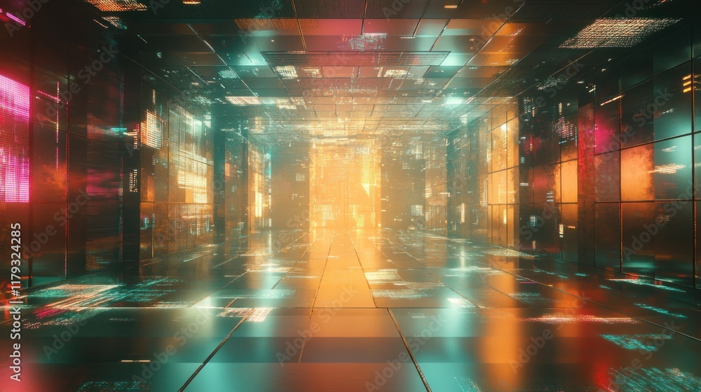 Naklejka premium Futuristic digital corridor with vibrant neon lights and data streams on walls and floor.