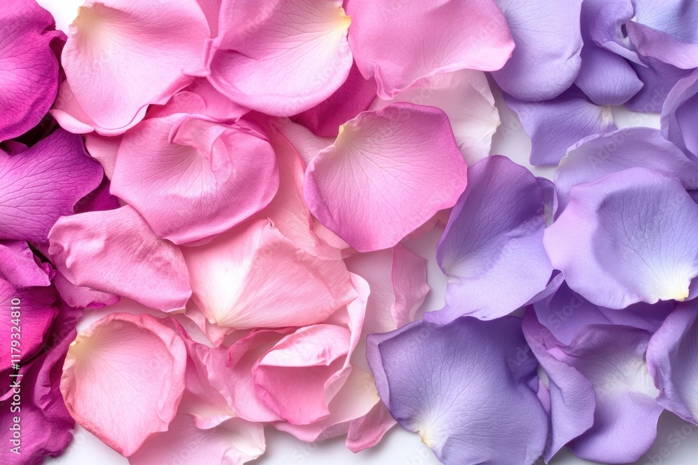 Colorful rose petals arranged in gradient shades of pink and purple. Colorful rose petals arranged in gradient shades of pink and purple.