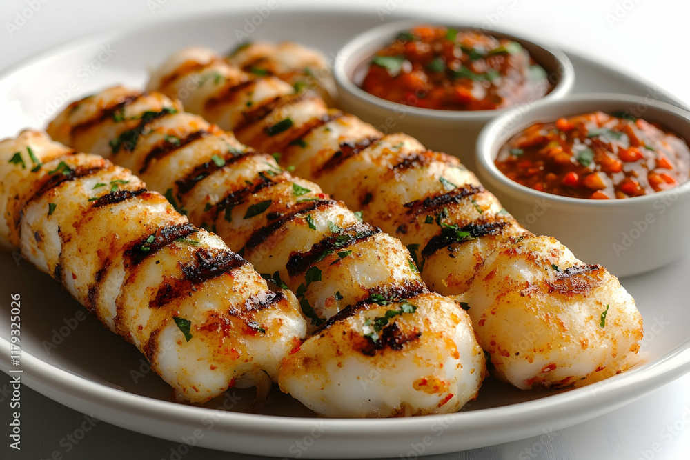 Grilled squid skewers with spicy dipping sauces on a white plate. Grilled squid skewers with spicy dipping sauces on a white plate.