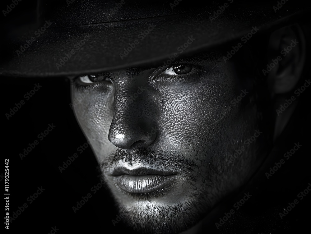 Enigmatic Noir Portrait of a Man in a Fedora Hat Partially Lit with Dramatic Shadows Enigmatic Noir Portrait of a Man in a Fedora Hat Partially Lit with Dramatic Shadows