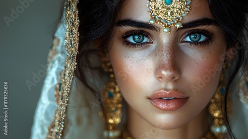 Captivating Portrait of Woman in Traditional Attire with Intricate Jewelry Casting Alluring Shadows photo