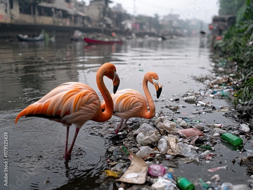 Two flamingos stand amidst plastic pollution in a polluted waterway, highlighting environmental damage. photo