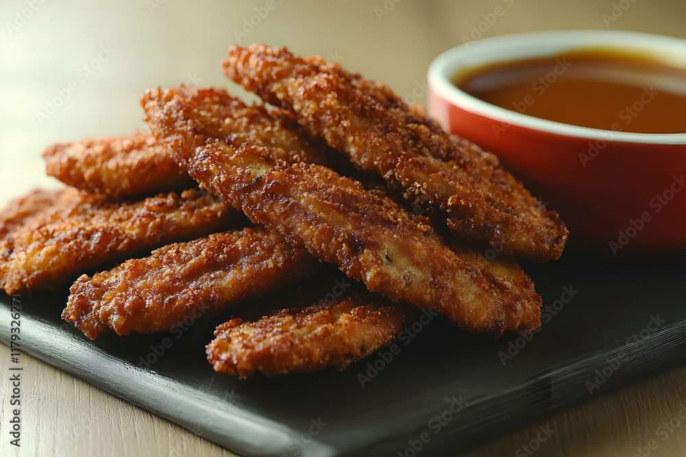 Crispy fried chicken tenders served with a side of dipping sauce on a dark rectangular plate. Crispy fried chicken tenders served with a side of dipping sauce on a dark rectangular plate.