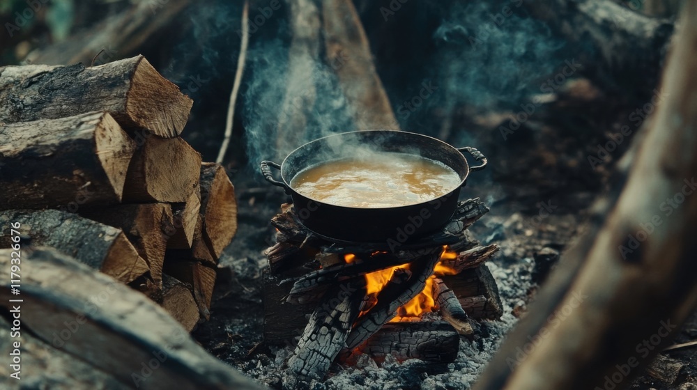 Campfire Cooking Steaming Broth in Rustic Cast Iron Pot Campfire Cooking Steaming Broth in Rustic Cast Iron Pot