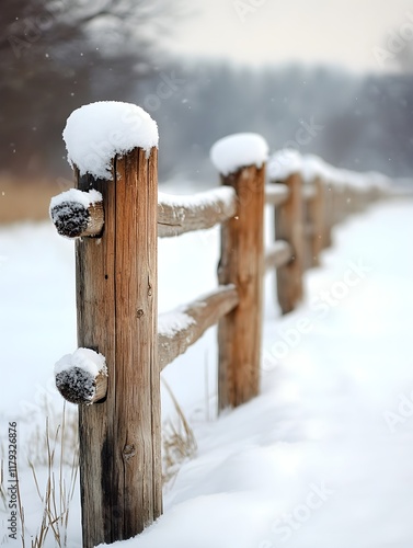 A close-up of snow softly piling on wooden fence posts in a winter landscape. photo