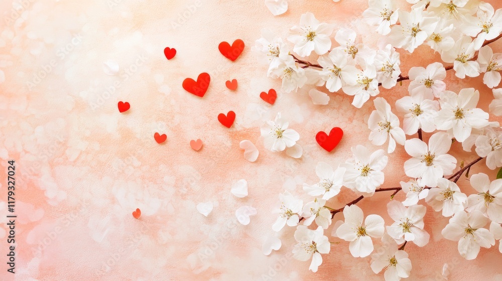 Fototapeta premium Spring blossoms and red hearts on peach background.