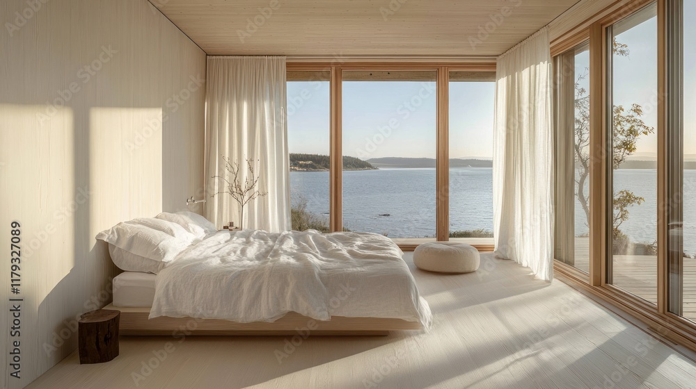Obraz premium Minimalist bedroom with ocean view, sunlight streaming through large windows, white bedding, wooden floors.
