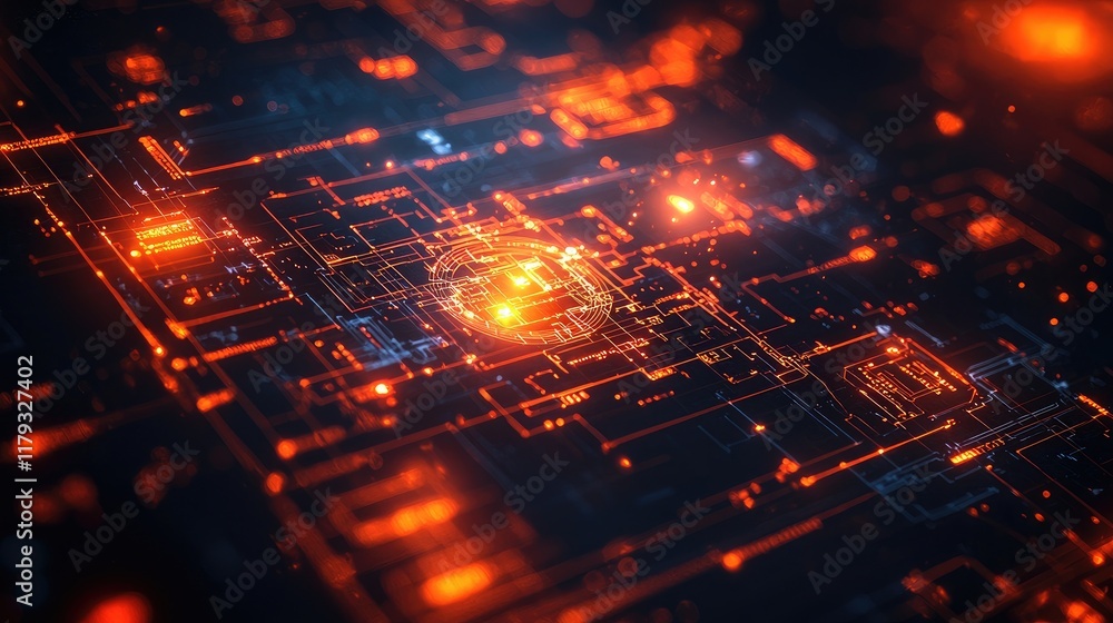 Abstract Digital Circuit Board: Glowing Network and Technology Background. Cyberpunk Style, Futuristic Design, Innovation Concept Abstract Digital Circuit Board: Glowing Network and Technology Background. Cyberpunk Style, Futuristic Design, Innovation Concept