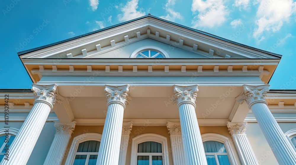 Low angle view of a classic building facade with four white columns, a pediment, and arched windows against a blue sky. Low angle view of a classic building facade with four white columns, a pediment, and arched windows against a blue sky.