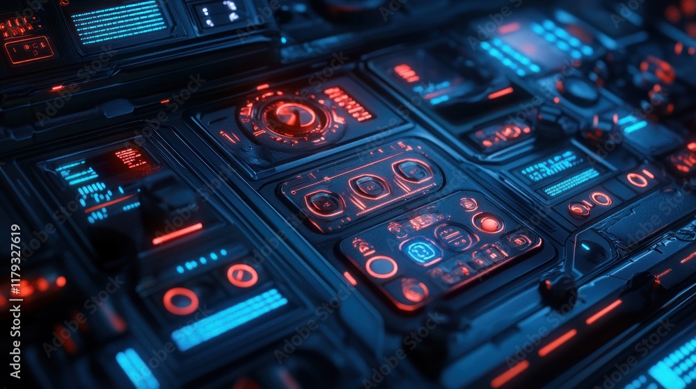 Fototapeta premium Futuristic control panel with glowing red and blue digital interfaces, buttons, and switches.