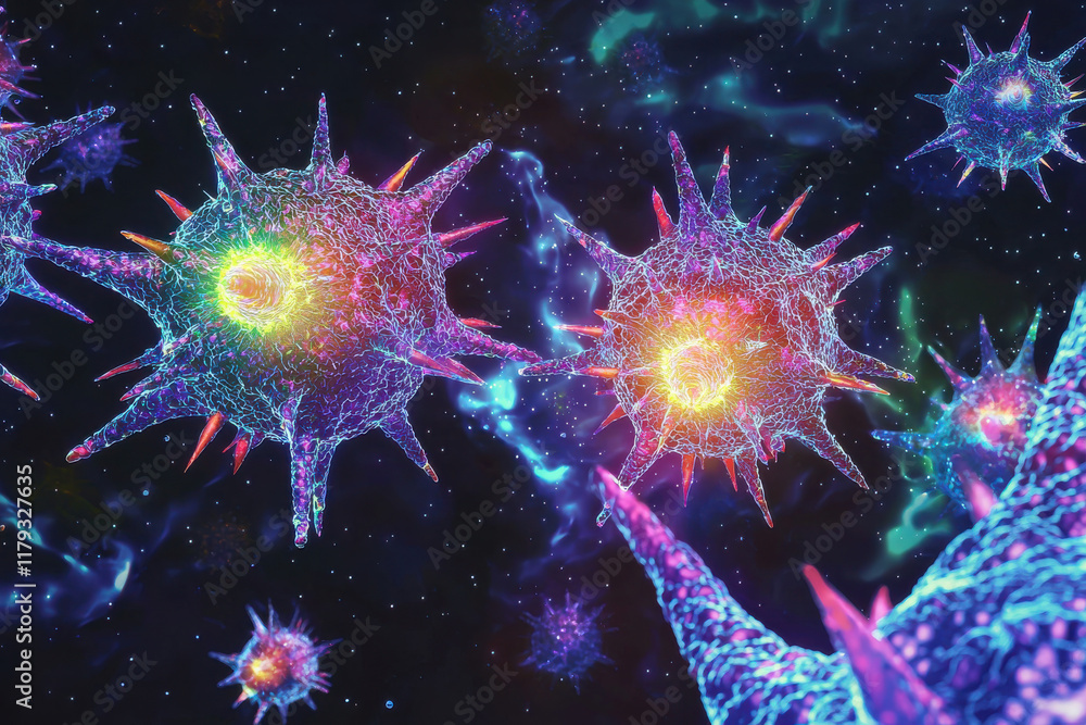 Microscopic view of colorful metapneumovirus particles Microscopic view of colorful metapneumovirus particles