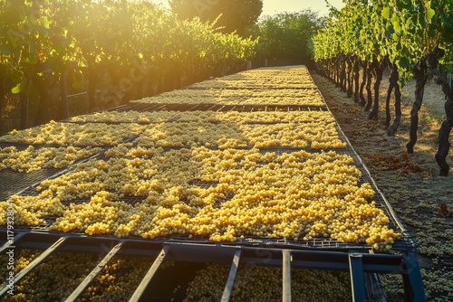 Rows of golden grapes drying on racks in a sunny vineyard symbolizing winemaking and natural preservation methods
