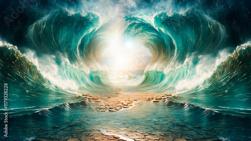 Biblical illustration of the parting of the Red Sea by Moses for the Hebrew people to cross