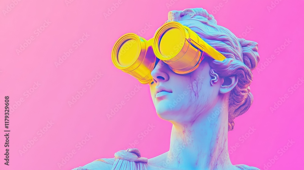 Ancient Greek goddess marble statue holding vivid yellow binoculars, set against a pink gradient background, pop art influence Ancient Greek goddess marble statue holding vivid yellow binoculars, set against a pink gradient background, pop art influence