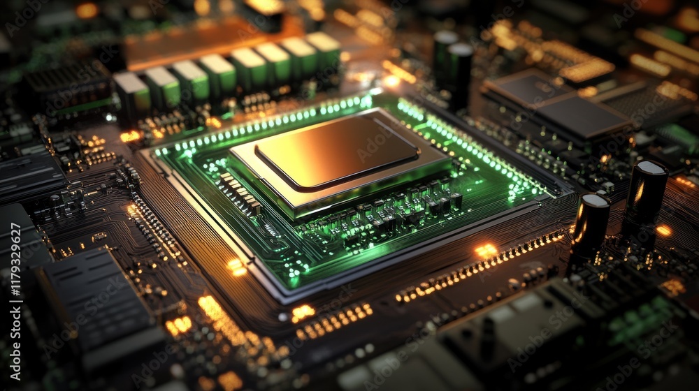 Close-up of a CPU on a circuit board, glowing with warm light. Close-up of a CPU on a circuit board, glowing with warm light.