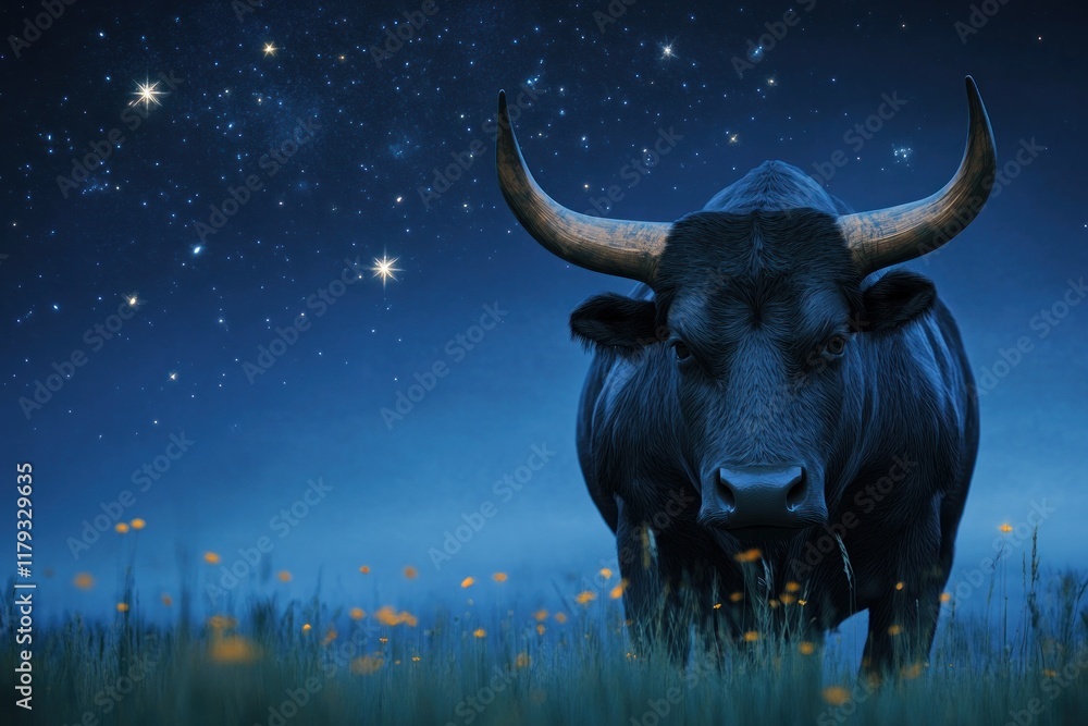 Majestic bull standing in a field at night under a starry sky. Majestic bull standing in a field at night under a starry sky.