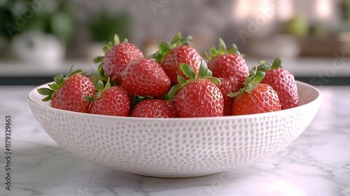 Fresh red strawberries sit beautifully in white ceramic bowl on marble surface, featuring vibrant ripe berries with green stems and professional styling under soft natural light.