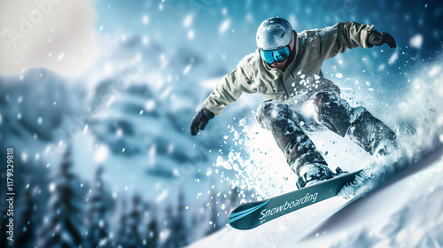 Wallpaper Mural Dynamic Snowboarding Illustration on Snowy Mountain Slope with "Snowboarding" Text Torontodigital.ca