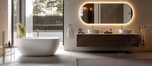 Modern bathroom with freestanding bathtub, double vanity, and illuminated mirror. photo