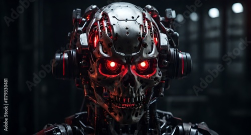 A menacing robotic skull with bright red eyes, surrounded by shadows in an industrial backdrop, conveying an aura of strength. 