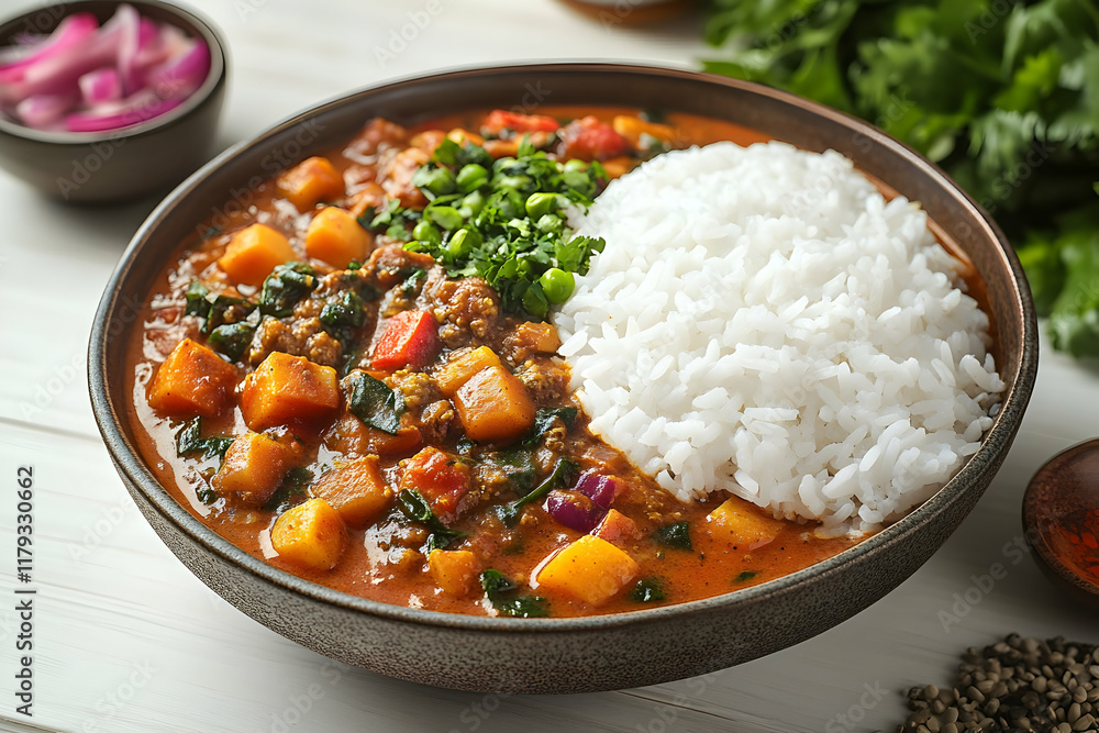 Delicious butternut squash and spinach curry served with fluffy white rice in a rustic bowl. Delicious butternut squash and spinach curry served with fluffy white rice in a rustic bowl.