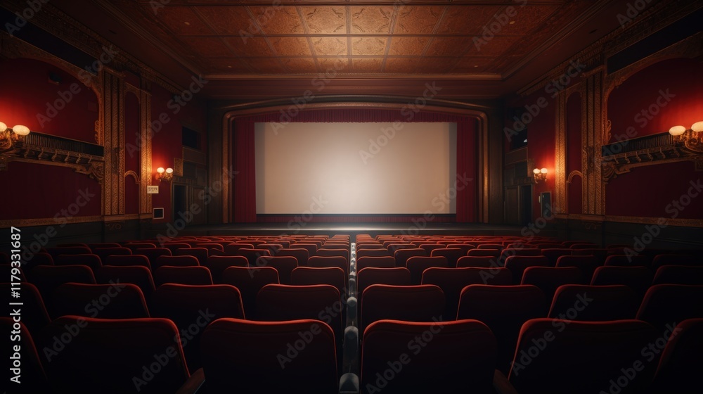 Empty Theater Interior View from Front with Red Seating and Large Projection Screen in Elegant Design Empty Theater Interior View from Front with Red Seating and Large Projection Screen in Elegant Design