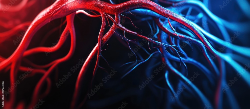 Obraz premium Intricate network of red and blue veins, arteries, or capillaries.