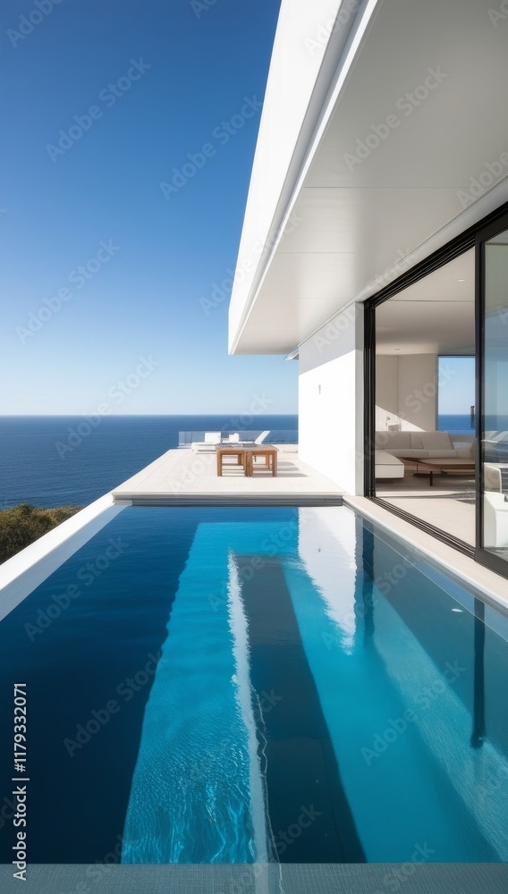Luxurious modern villa with an infinity pool overlooking a serene ocean, featuring minimalist architecture, clean white surfaces, and a seamless indoor-outdoor living space under a clear blue sky Luxurious modern villa with an infinity pool overlooking a serene ocean, featuring minimalist architecture, clean white surfaces, and a seamless indoor-outdoor living space under a clear blue sky