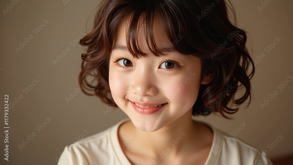 Fototapeta premium Glowing skin and luscious dark hair frame her heart-shaped face, set against a soft cream backdrop as she gazes directly at the viewer with an inviting smile