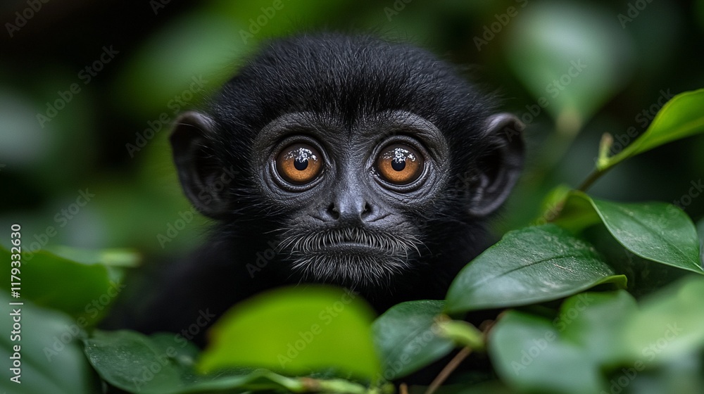 Obraz premium An intense close-up of a gibbon featuring its remarkable eyes, set against a backdrop of vibrant leaves that celebrates the charm of primate life.