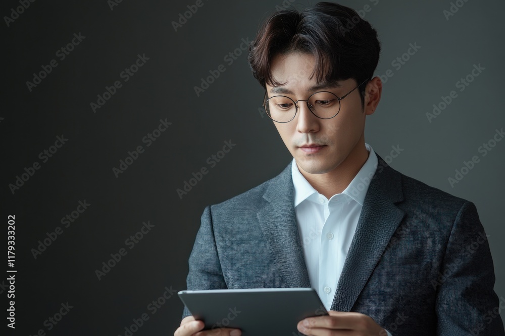 Focused businessman in suit using tablet. Focused businessman in suit using tablet.