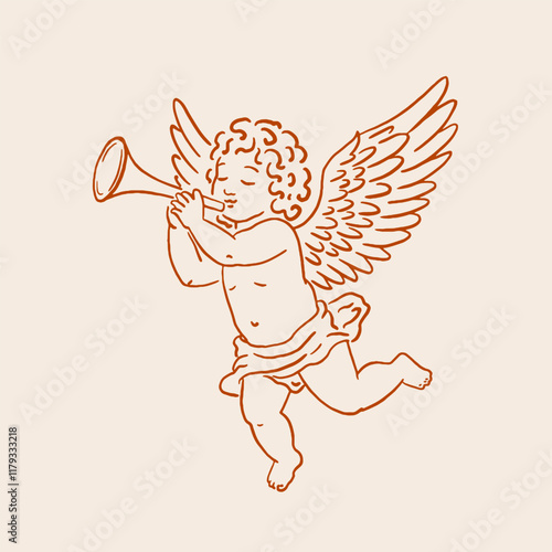 Vintage Cherub with Trumpet Vector Illustration