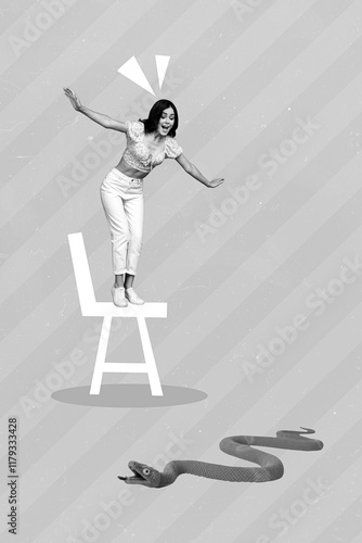 Exclusive magazine picture sketch collage image of funky funny lady standing chair scaring snake isolated painting background photo