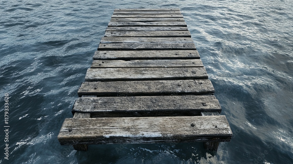 Obraz premium Weathered Wooden Dock Extending into Serene Blue Water: A Peaceful Seascape
