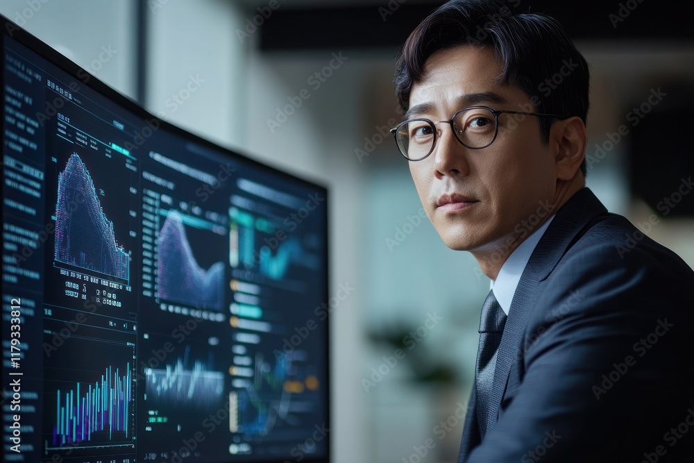 Confident businessman looking at camera, sitting at desk with large monitor displaying financial data charts and graphs. Confident businessman looking at camera, sitting at desk with large monitor displaying financial data charts and graphs.