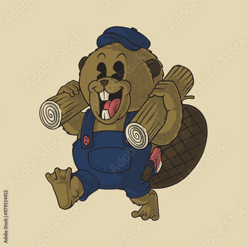 working beaver retro cartoon mascot