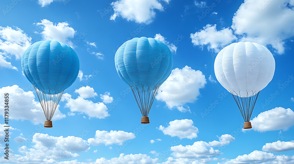 Naklejka premium Hot air balloons in serene shades of blue and white floating amidst fluffy clouds in a bright blue sky, evoking a sense of freedom and adventure