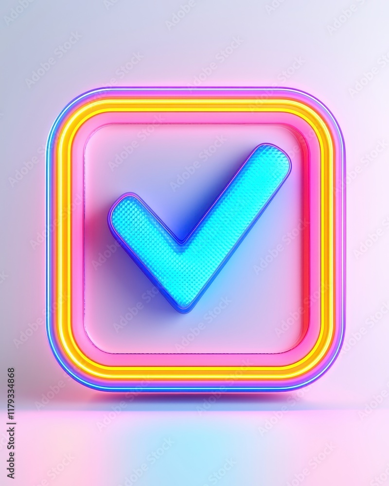 Vibrant Neon Checkmark Icon in Colorful Square Frame 3D Render Vibrant Neon Checkmark Icon in Colorful Square Frame 3D Render