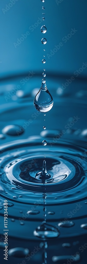 A close-up of water droplets splashing onto a calm blue surface A close-up of water droplets splashing onto a calm blue surface