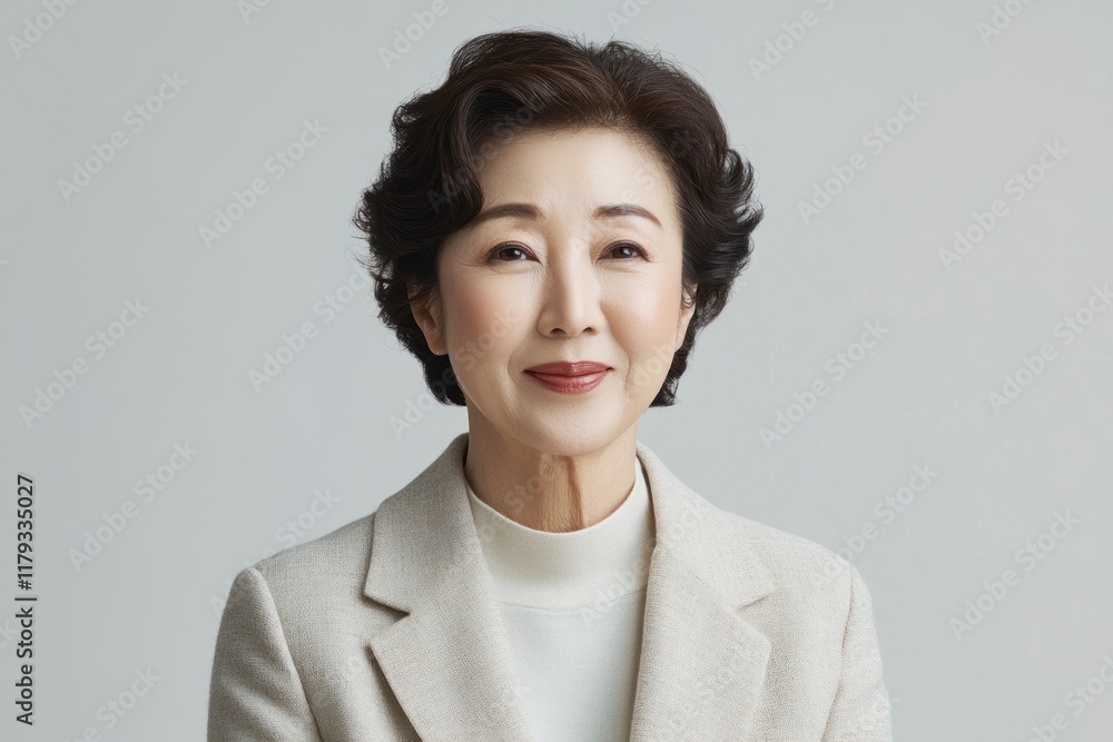 Portrait of a smiling mature Asian woman with short hair wearing a beige coat. Portrait of a smiling mature Asian woman with short hair wearing a beige coat.