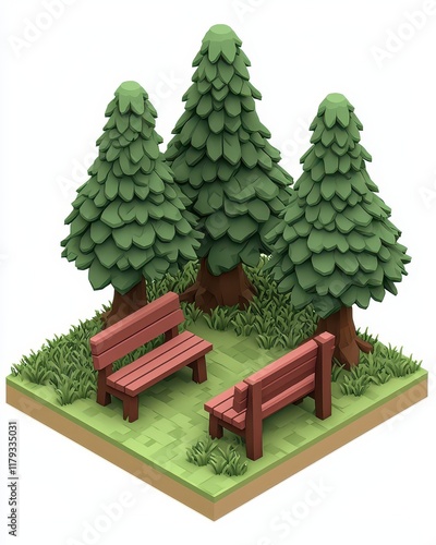 Low poly 3D Render of Park Scene Two Benches under Evergreen Trees photo