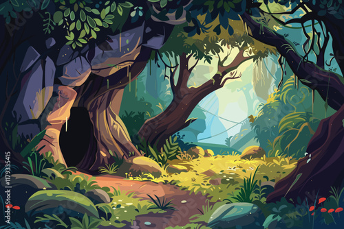 Fairy tale Forest cave Flat style cartoon vector illustration isolated on a white background