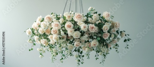 Elegant floral chandelier with cascading roses and greenery, hanging against a muted background.