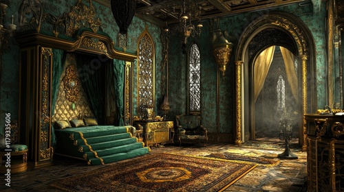 Ornate Green Bedroom Interior,  Grand Castle, Majestic Architecture,  Mysterious Ambiance. photo