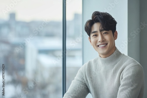 Free Download Smiling young man in turtleneck sweater sits by window, city view. - GFXLoad