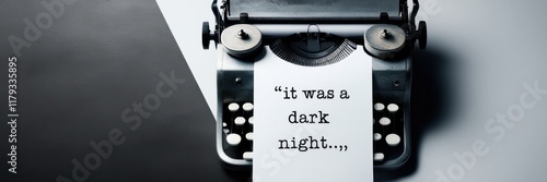 Vintage typewriter with a sheet of paper displaying the phrase It was a dark night... against a moody gradient backdrop. Perfect for storytelling, noir, and creative writing concepts photo